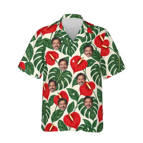Anthurium Monstera Aloha Shirt personalized with printed faces, front view