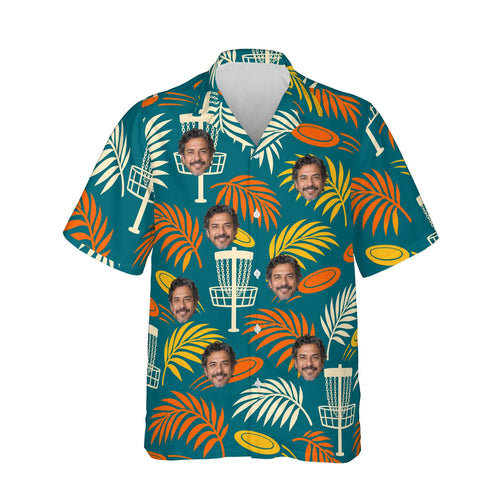 Basket & Palms Disc Golf Hawaiian Shirt personalized with printed faces, front view