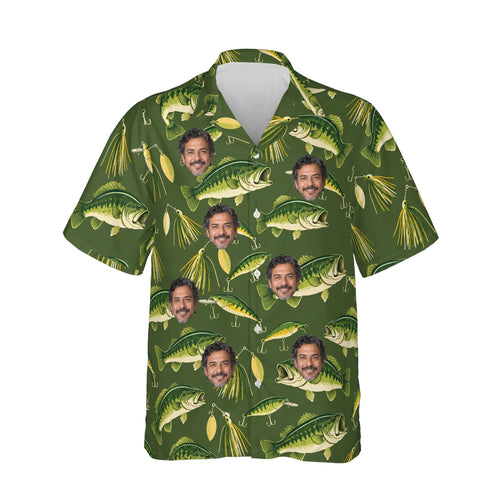 Bass & Lures Fishing Hawaiian Shirt personalized with printed faces, front view