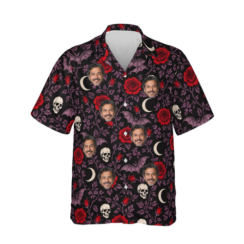 Bats & Roses Goth Hawaiian Shirt personalized with printed faces, front view