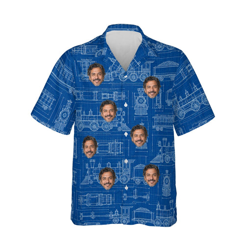 Blueprint Locomotive Train Hawaiian Shirt personalized with printed faces, front view