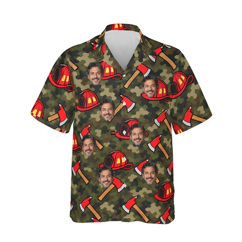 Camo Firefighter Hawaiian Shirt personalized with printed faces, front view