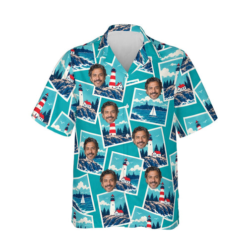 Coastal Postcard Hawaiian Shirt personalized with printed faces, front view