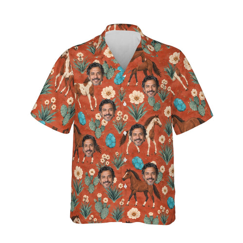 Desert Bloom Mustang Horse Hawaiian Shirt personalized with printed faces, front view
