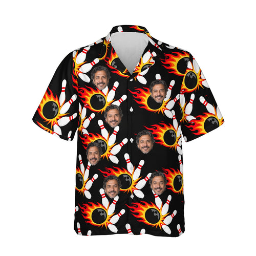 Flaming Ball Hawaiian Bowling Shirt personalized with printed faces, front view
