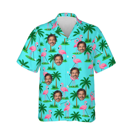 Flamingo Golfers Funny Hawaiian Golf Shirt personalized with printed faces, front view