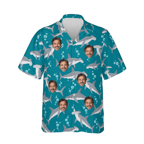 Hammerhead Shark Hawaiian Shirt personalized with printed faces, front view