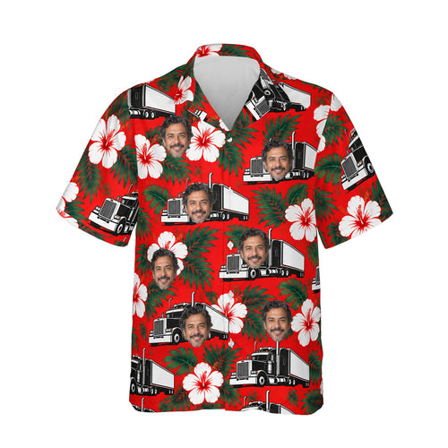 Hibiscus Big Rig Trucker Hawaiian Shirt personalized with printed faces, front view
