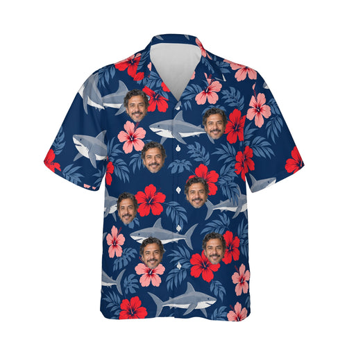 Hibiscus Shark Hawaiian Shirt personalized with printed faces, front view