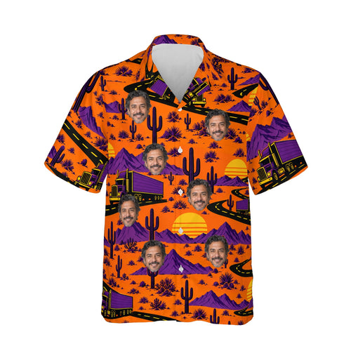 Highway Sunset Trucker Hawaiian Shirt personalized with printed faces, front view