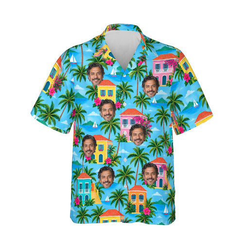 Island Houses Caribbean Style Hawaiian Shirt personalized with printed faces, front view
