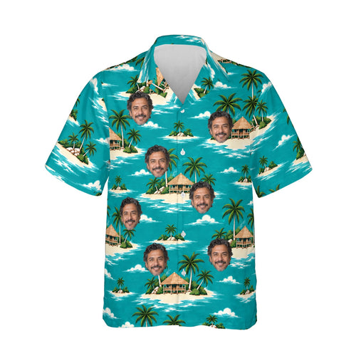 Island Hut Hawaiian Shirt personalized with printed faces, front view