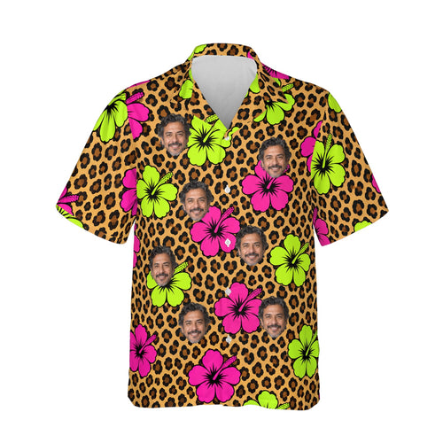 Leopard Clash Ugly Hawaiian Shirt personalized with printed faces, front view