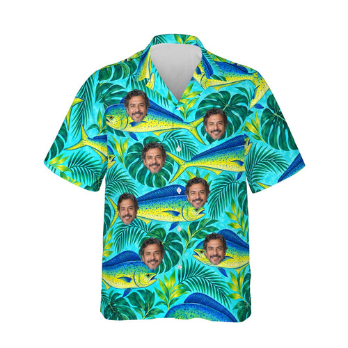 Mahi-Mahi Fishing Hawaiian Shirt personalized with printed faces, front view