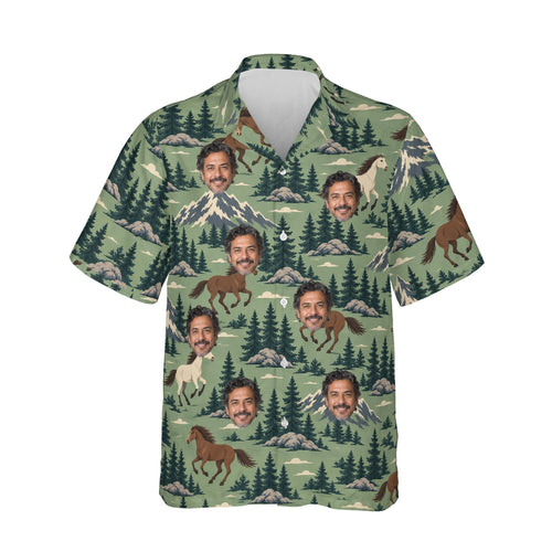 Mountain Mustang Horse Hawaiian Shirt personalized with printed faces, front view