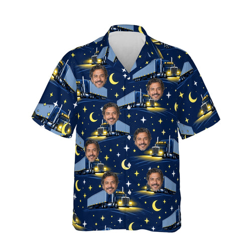 Night Haul Trucker Hawaiian Shirt personalized with printed faces, front view