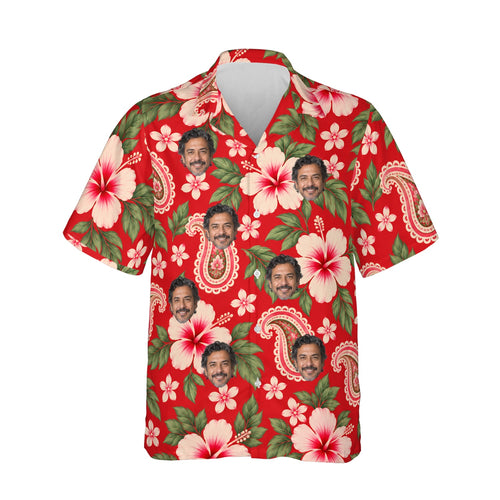Paisley Hibiscus Red Paisley Hawaiian Shirt personalized with printed faces, front view