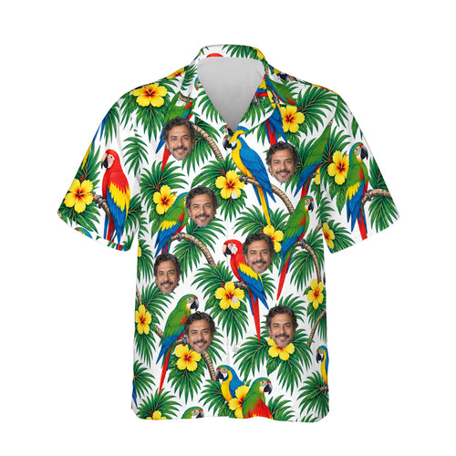 Parrot Palm Tropical Hawaiian Shirt personalized with printed faces, front view