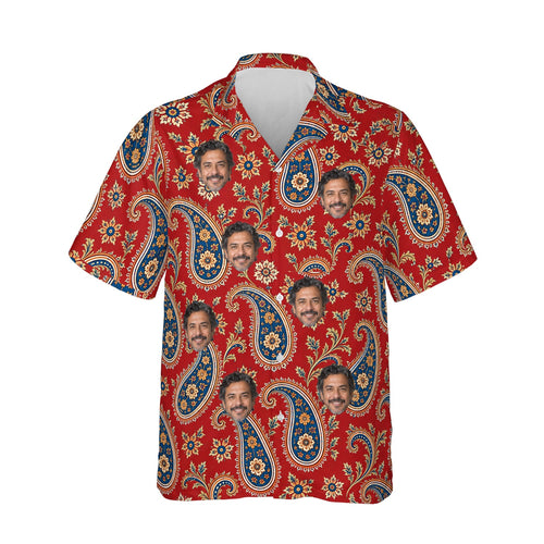 Persian Red Paisley Hawaiian Shirt personalized with printed faces, front view
