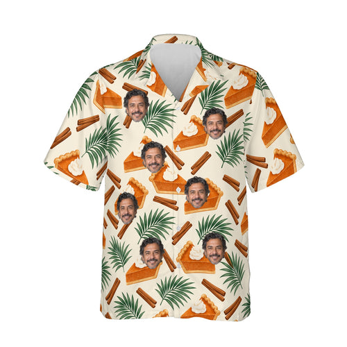 Pumpkin Pie Paradise Thanksgiving Hawaiian Shirt personalized with printed faces, front view