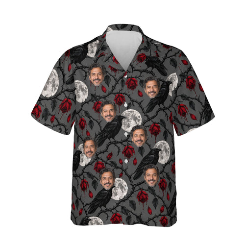 Raven & Full Moon Goth Hawaiian Shirt personalized with printed faces, front view