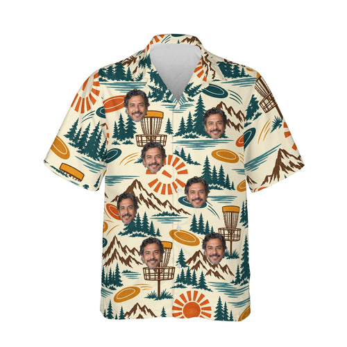 Retro 70s Disc Golf Hawaiian Shirt personalized with printed faces, front view