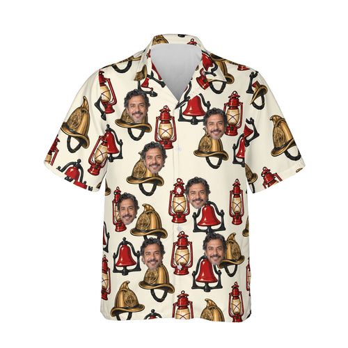 Retro Fire Station Firefighter Hawaiian Shirt personalized with printed faces, front view