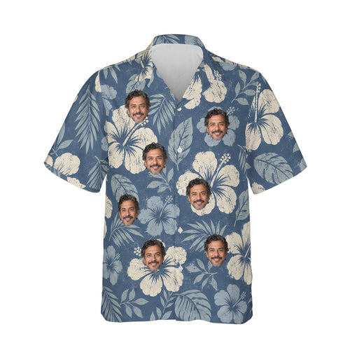 Reverse Print Hibiscus Aloha Shirt personalized with printed faces, front view