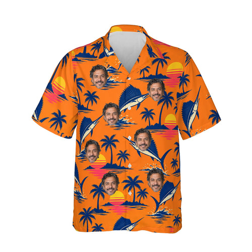 Sailfish Sunset Fishing Hawaiian Shirt personalized with printed faces, front view