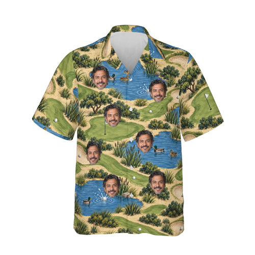 Sand Trap Disaster Funny Hawaiian Golf Shirt personalized with printed faces, front view