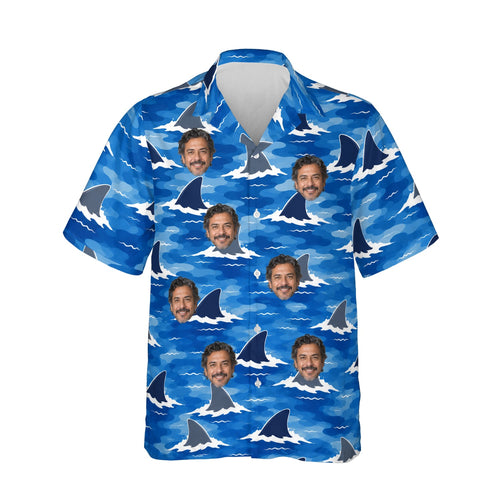 Shark Camo Hawaiian Shirt personalized with printed faces, front view