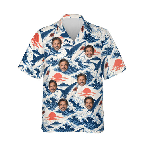 Shark Waves Hawaiian Shirt personalized with printed faces, front view