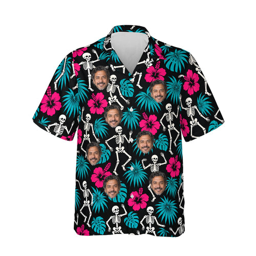 Skeleton Tiki Goth Hawaiian Shirt personalized with printed faces, front view