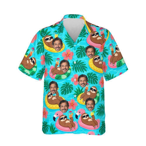 Sloth Pool Party Ugly Hawaiian Shirt personalized with printed faces, front view