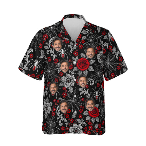 Spider Web Lace Goth Hawaiian Shirt personalized with printed faces, front view