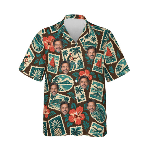Travel Label Postcard Hawaiian Shirt personalized with printed faces, front view