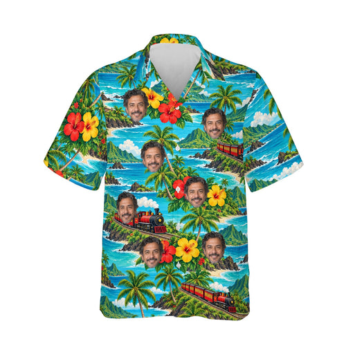 Tropical Train Hawaiian Shirt personalized with printed faces, front view