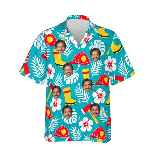 Tropical Rescue Firefighter Hawaiian Shirt personalized with printed faces, front view