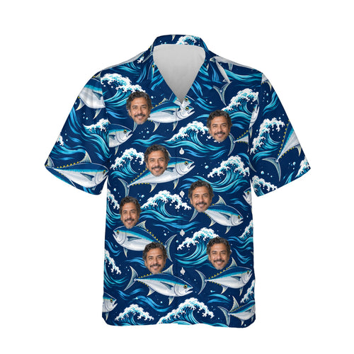Tuna Waves Fishing Hawaiian Shirt personalized with printed faces, front view
