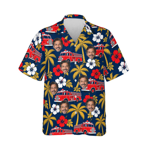 Vintage Fire Truck Firefighter Hawaiian Shirt personalized with printed faces, front view