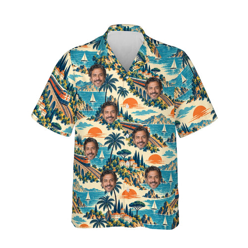 Vintage Rail Travel Train Hawaiian Shirt personalized with printed faces, front view