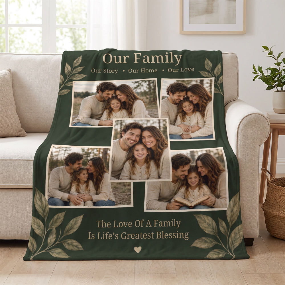 Personalized Gold Leaf five photo family blanket in forest green draped over a cream sofa in a bright living room