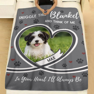 Personalized grey heart pet blanket on a bed
