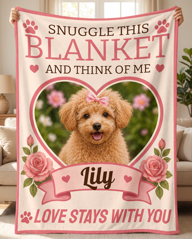 Personalized rose heart pet photo blanket held up in a living room