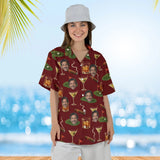 Woman wearing the 19th Hole Funny Hawaiian Golf Shirt with custom faces