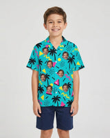 80s Memphis Ugly Hawaiian Shirt with printed faces, worn by a child