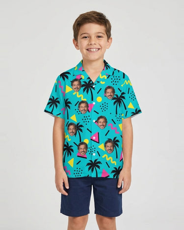 80s Memphis Ugly Hawaiian Shirt with printed faces, worn by a child