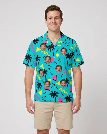 80s Memphis Ugly Hawaiian Shirt with printed faces, worn by a man