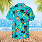 80s Memphis Ugly Hawaiian Shirt with custom faces, back view