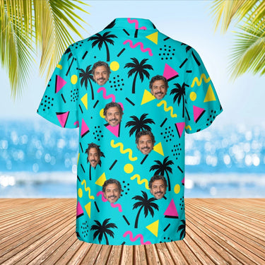 80s Memphis Ugly Hawaiian Shirt with custom faces, back view